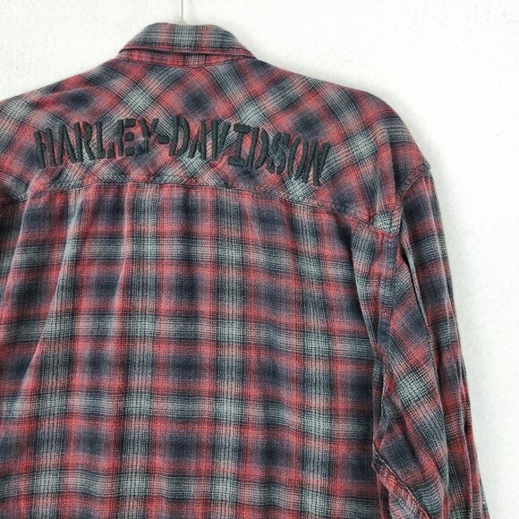 Harley Davidson Shirt Mens 3XL Red Gray Plaid Flannel Button Up Embroidered - Picture 11 of 11